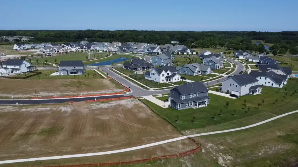 Aerial view of detached homes, lawns and residential streets in Ashville Park, Virginia Beach
