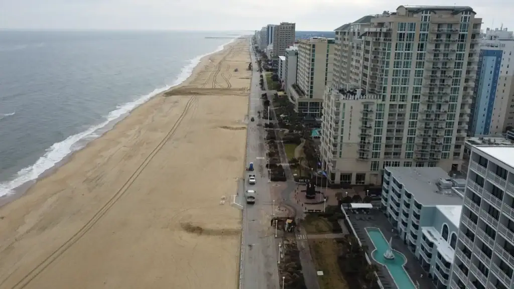 Aerial view of the Virginia Beach Oceanfront, with the beach, Boardwalk and beachfront hotels